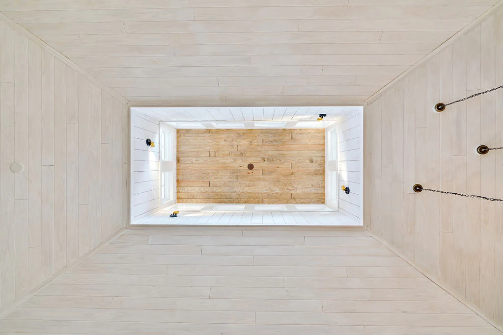 View of a vaulted wood ceiling